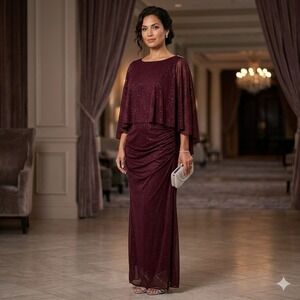 Ignite Evenings Maxi Dress Gown 16 Burgundy Mesh Glitter Cape Formal